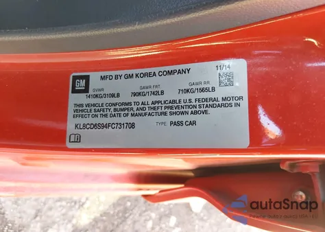 2015 Chevrolet Spark 1Lt Cvt z USA, uszkodzony, nr VIN KL8CD6S94FC731708